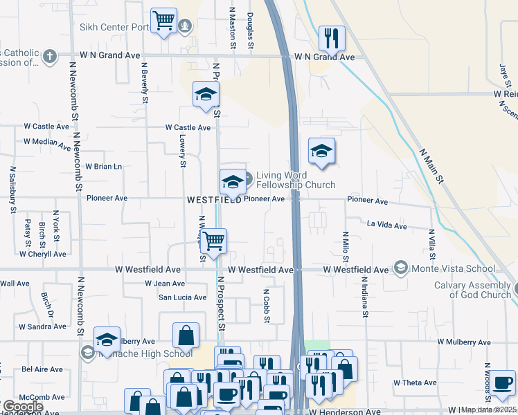 map of restaurants, bars, coffee shops, grocery stores, and more near 1055 Pioneer Avenue in Porterville