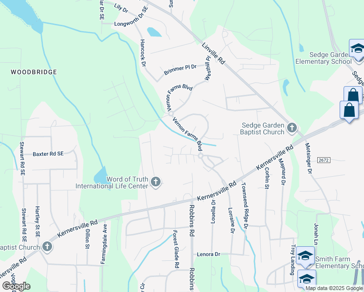 map of restaurants, bars, coffee shops, grocery stores, and more near 1325 Vernon Mill Road in Kernersville