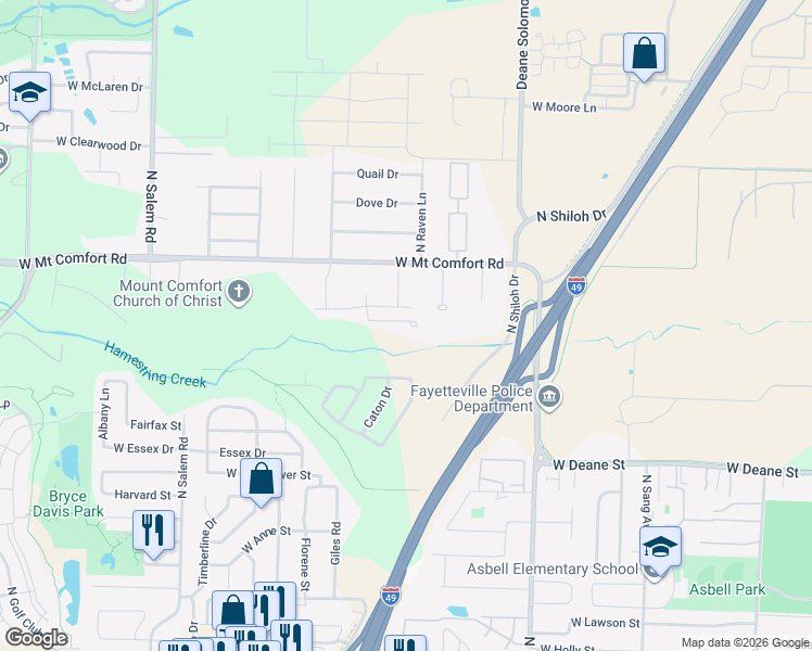 map of restaurants, bars, coffee shops, grocery stores, and more near 2782 Wildwood Drive in Fayetteville
