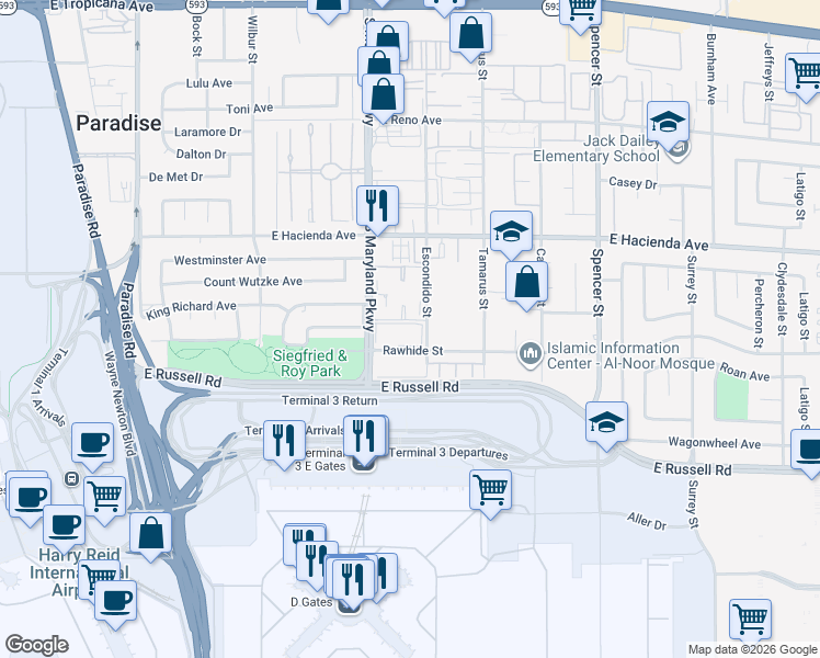map of restaurants, bars, coffee shops, grocery stores, and more near 5459 Escondido Street in Las Vegas