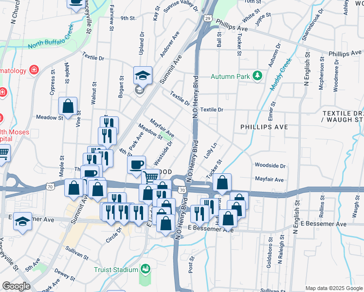 map of restaurants, bars, coffee shops, grocery stores, and more near 1226 East Lindsay Street in Greensboro