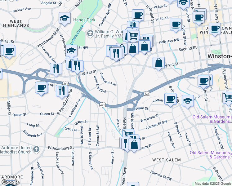 map of restaurants, bars, coffee shops, grocery stores, and more near 1255 West 4th Street in Winston-Salem