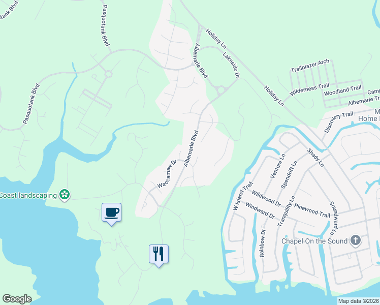 map of restaurants, bars, coffee shops, grocery stores, and more near 215 Albemarle Boulevard in Hertford