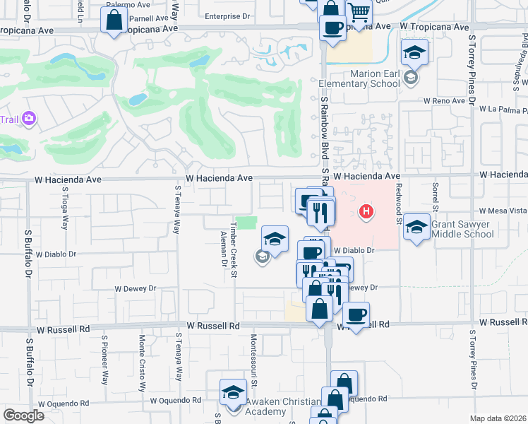 map of restaurants, bars, coffee shops, grocery stores, and more near 7100 West Dewey Drive in Las Vegas