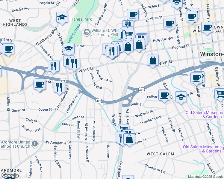 map of restaurants, bars, coffee shops, grocery stores, and more near 1255 West 4th Street in Winston-Salem