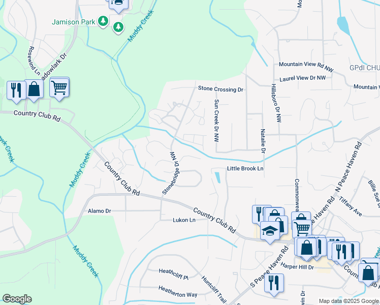 map of restaurants, bars, coffee shops, grocery stores, and more near 512 Rock Cliff Court in Winston-Salem