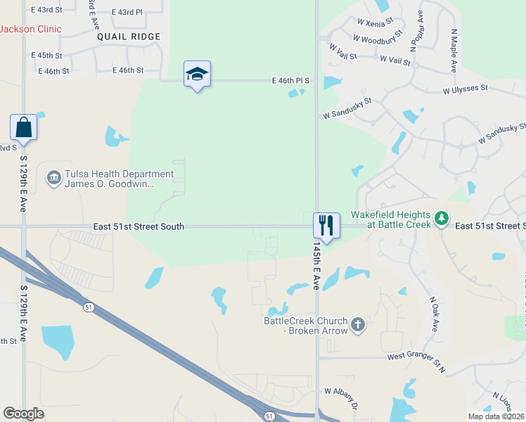 map of restaurants, bars, coffee shops, grocery stores, and more near 13799 East 51st Street South in Broken Arrow