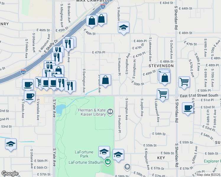 map of restaurants, bars, coffee shops, grocery stores, and more near in Tulsa