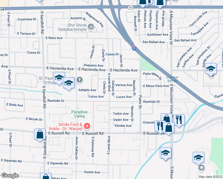 map of restaurants, bars, coffee shops, grocery stores, and more near 5423 Saltaire Street in Las Vegas
