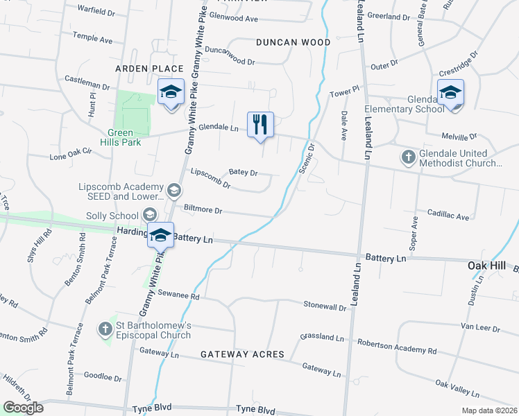 map of restaurants, bars, coffee shops, grocery stores, and more near 1103 Biltmore Drive in Nashville