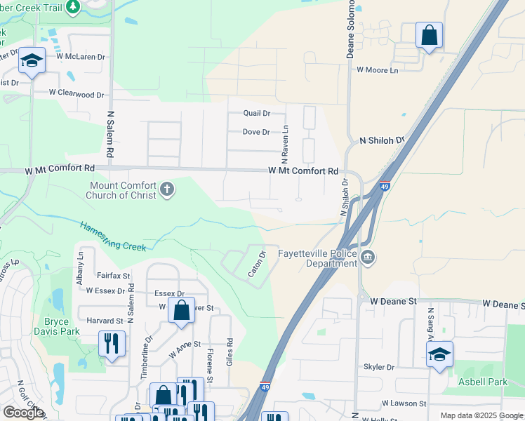 map of restaurants, bars, coffee shops, grocery stores, and more near 2782 Wildwood Drive in Fayetteville