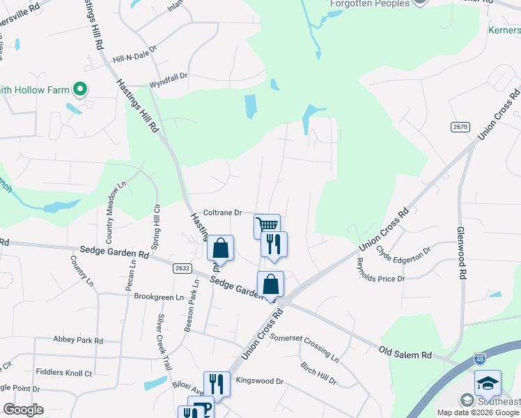 map of restaurants, bars, coffee shops, grocery stores, and more near 908 Appaloosa Trail in Kernersville