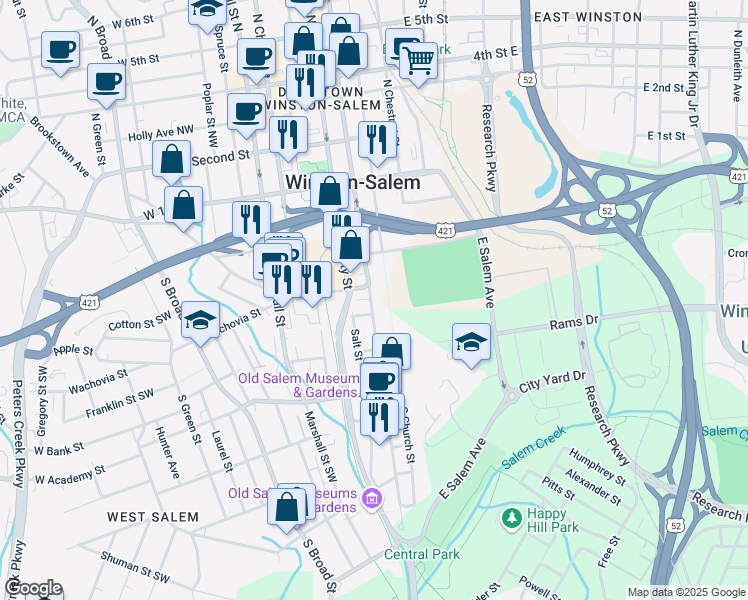 map of restaurants, bars, coffee shops, grocery stores, and more near 411 South Main Street in Winston Salem