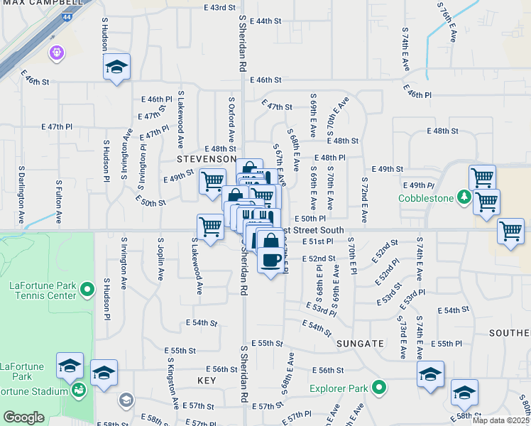 map of restaurants, bars, coffee shops, grocery stores, and more near 6535 East 51st Street in Tulsa