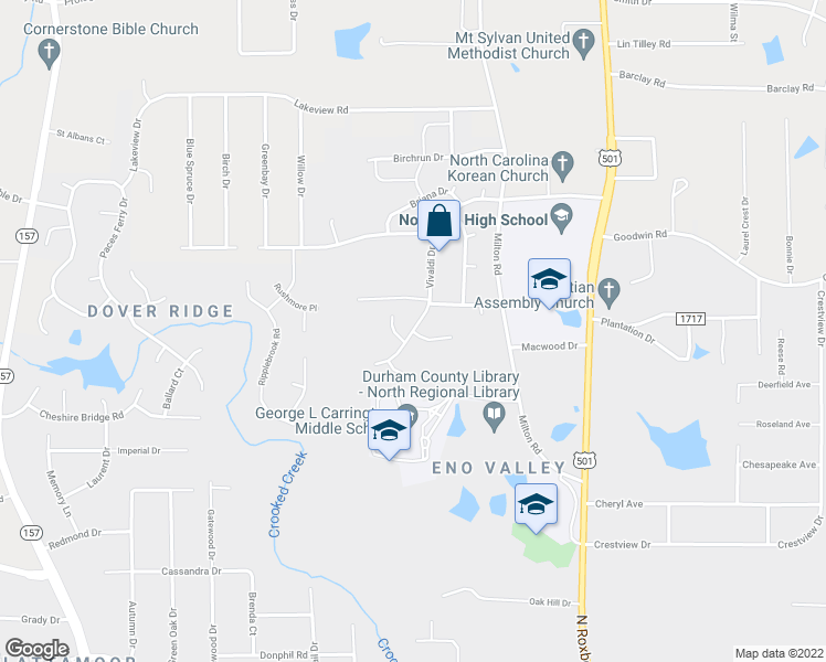 map of restaurants, bars, coffee shops, grocery stores, and more near Vivaldi Drive in Durham