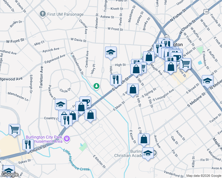 map of restaurants, bars, coffee shops, grocery stores, and more near 1032 South Church Street in Burlington