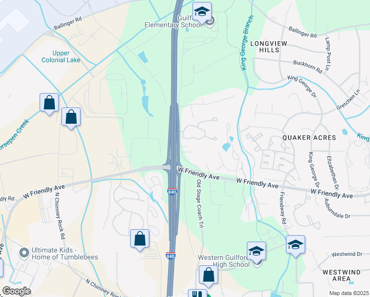 map of restaurants, bars, coffee shops, grocery stores, and more near 712 Stage Coach Trail in Greensboro