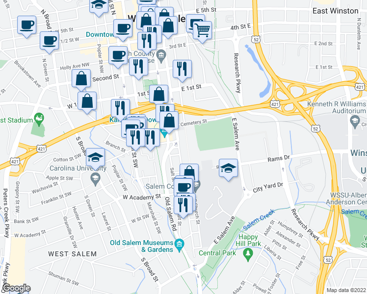 map of restaurants, bars, coffee shops, grocery stores, and more near 411 South Main Street in Winston Salem