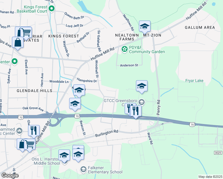 map of restaurants, bars, coffee shops, grocery stores, and more near 8 Quad Oak Drive in Greensboro