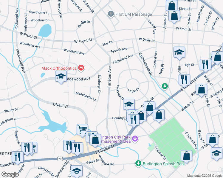 map of restaurants, bars, coffee shops, grocery stores, and more near 503 Tarleton Avenue in Burlington