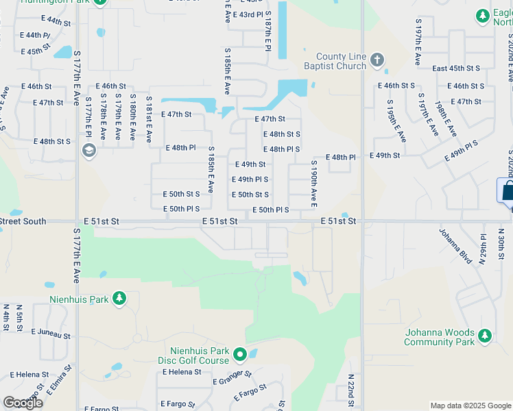 map of restaurants, bars, coffee shops, grocery stores, and more near 18701 East 50th Street South in Tulsa