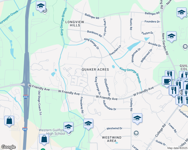 map of restaurants, bars, coffee shops, grocery stores, and more near 901 King George Drive in Greensboro