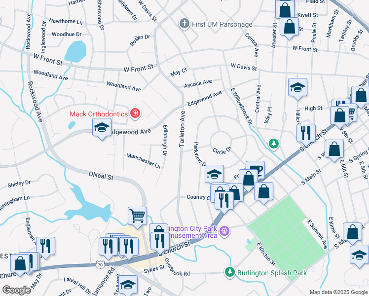 map of restaurants, bars, coffee shops, grocery stores, and more near 503 Tarleton Avenue in Burlington
