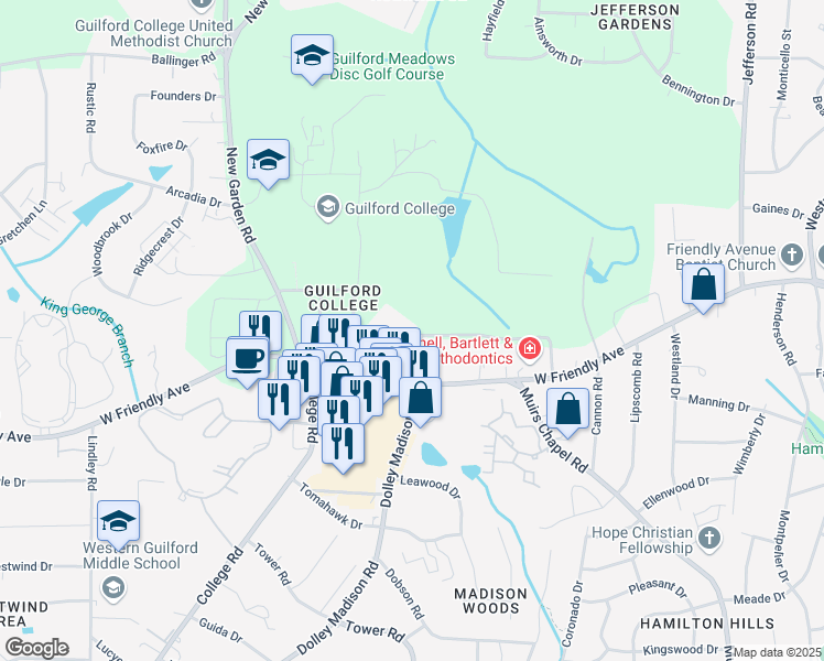 map of restaurants, bars, coffee shops, grocery stores, and more near 811 Dolley Madison Road in Greensboro