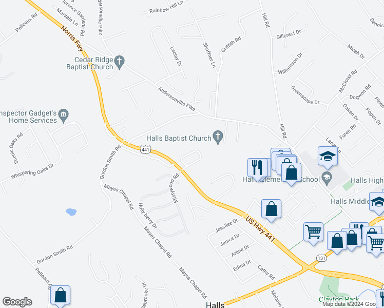 map of restaurants, bars, coffee shops, grocery stores, and more near 3924 Archibald Way in Knoxville