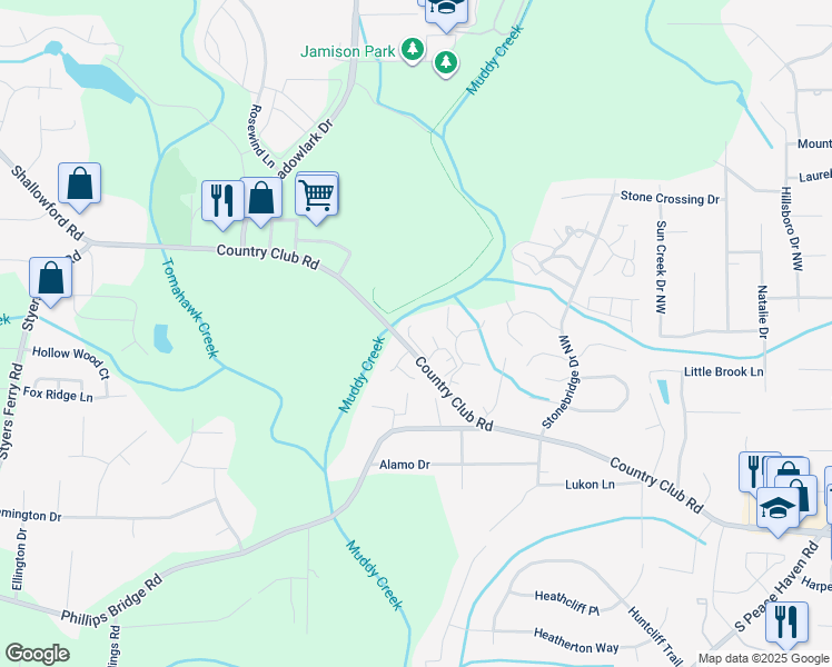 map of restaurants, bars, coffee shops, grocery stores, and more near 5375 Heathcote Drive in Winston-Salem