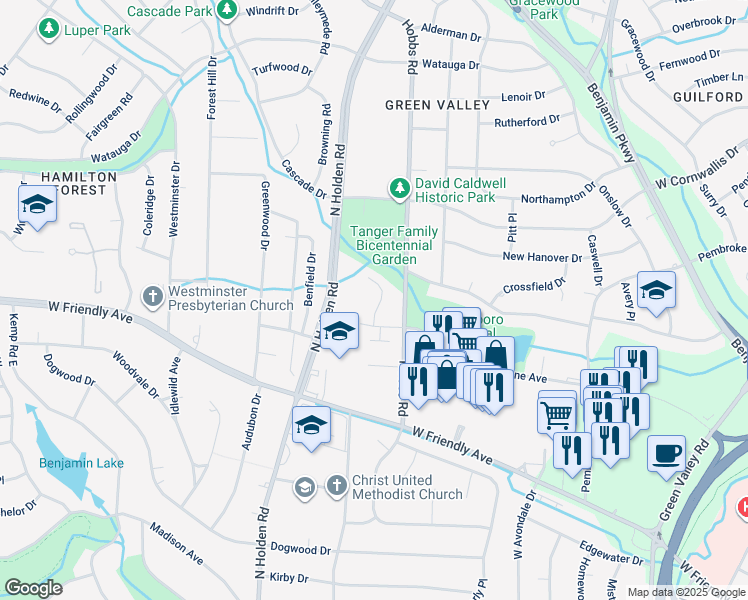 map of restaurants, bars, coffee shops, grocery stores, and more near 3414 Northline Avenue in Greensboro