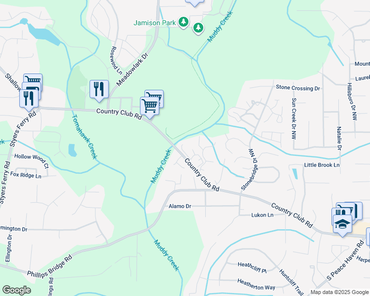 map of restaurants, bars, coffee shops, grocery stores, and more near 5375 Heathcote Drive in Winston-Salem