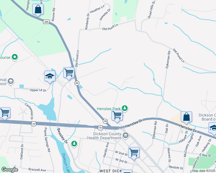 map of restaurants, bars, coffee shops, grocery stores, and more near 520 Country Club Drive in Dickson
