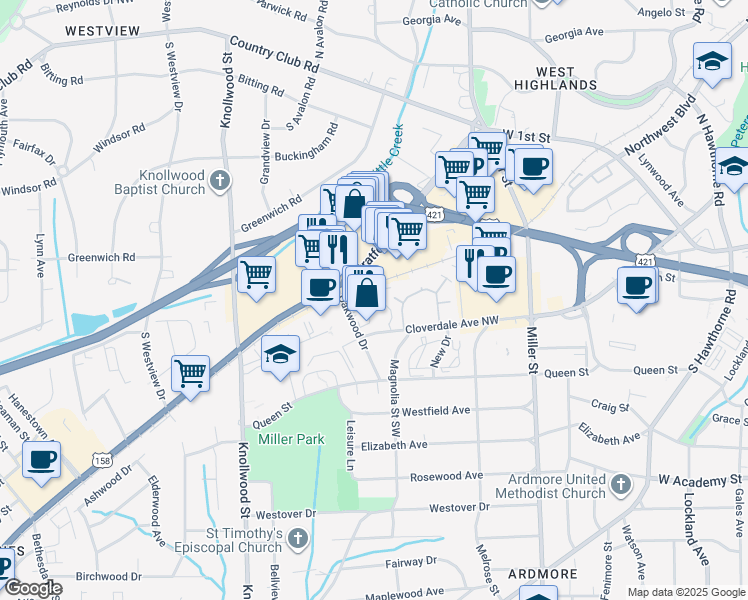 map of restaurants, bars, coffee shops, grocery stores, and more near 259 S Stratford Rd in Winston-Salem
