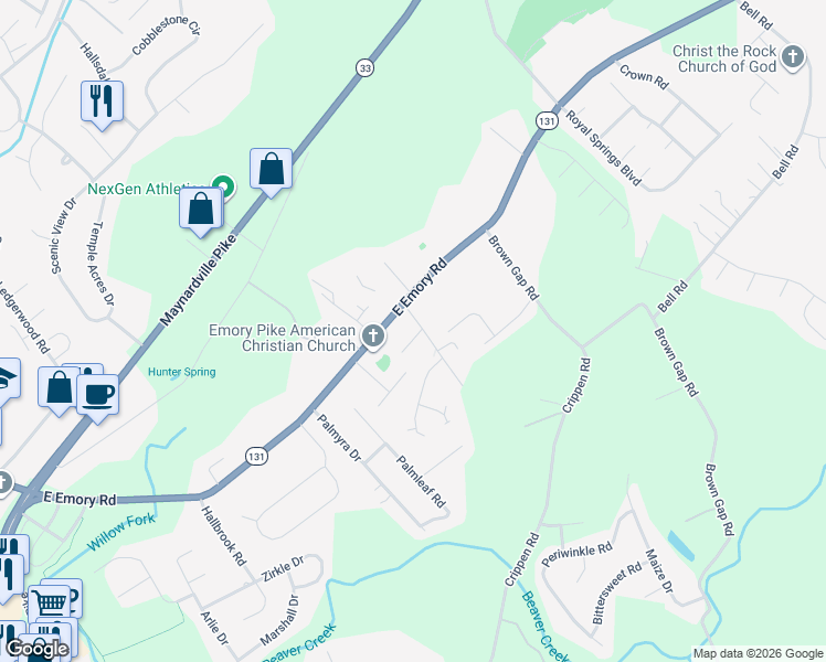 map of restaurants, bars, coffee shops, grocery stores, and more near 4857 East Emory Road in Knoxville
