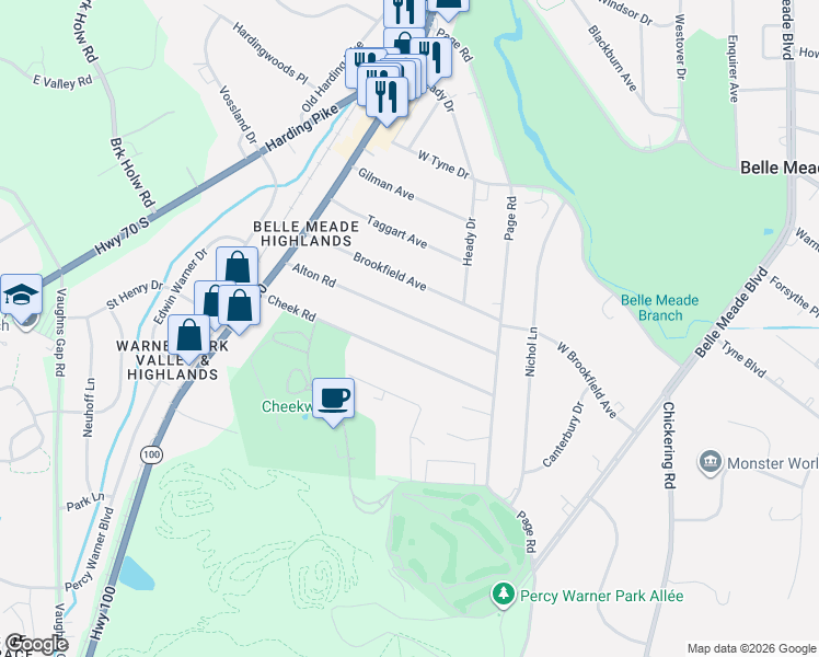 map of restaurants, bars, coffee shops, grocery stores, and more near 126B Alton Road in Nashville