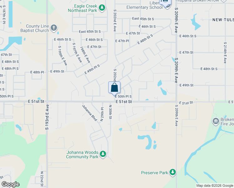 map of restaurants, bars, coffee shops, grocery stores, and more near 5010 South 202nd East Avenue in Broken Arrow