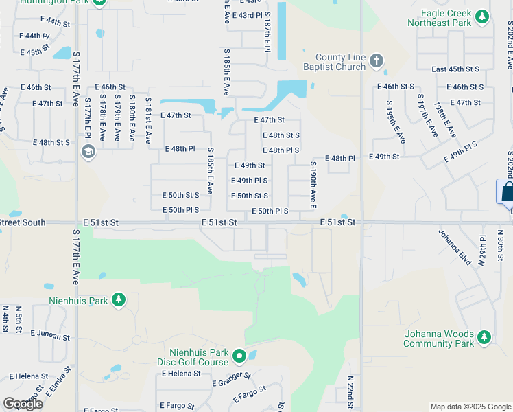 map of restaurants, bars, coffee shops, grocery stores, and more near 18701 East 50th Street South in Tulsa