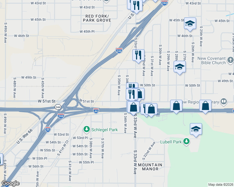 map of restaurants, bars, coffee shops, grocery stores, and more near 5007 South 35th West Avenue in Tulsa