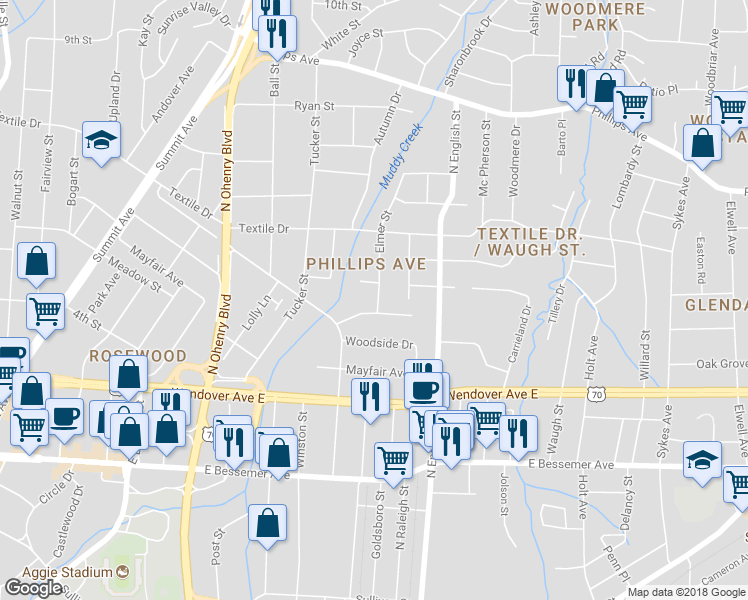 map of restaurants, bars, coffee shops, grocery stores, and more near 1229 Elmer Street in Greensboro