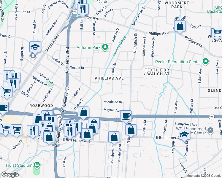 map of restaurants, bars, coffee shops, grocery stores, and more near 1229 Elmer Street in Greensboro