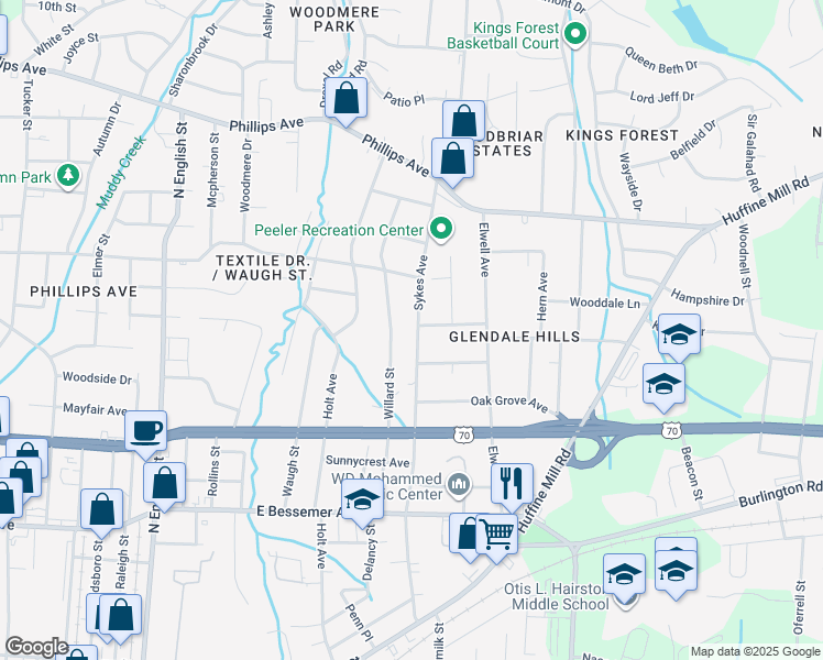 map of restaurants, bars, coffee shops, grocery stores, and more near 1011 Sykes Avenue in Greensboro