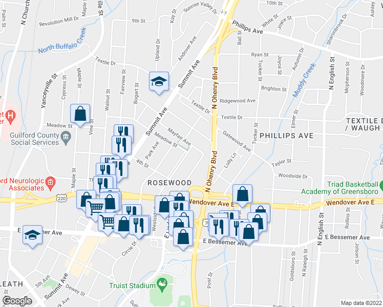 map of restaurants, bars, coffee shops, grocery stores, and more near 1230 Westside Drive in Greensboro