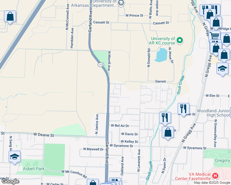 map of restaurants, bars, coffee shops, grocery stores, and more near 2130 Garland Avenue in Fayetteville