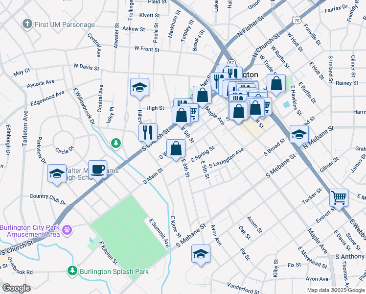 map of restaurants, bars, coffee shops, grocery stores, and more near 101-199 West 5th Street in Burlington