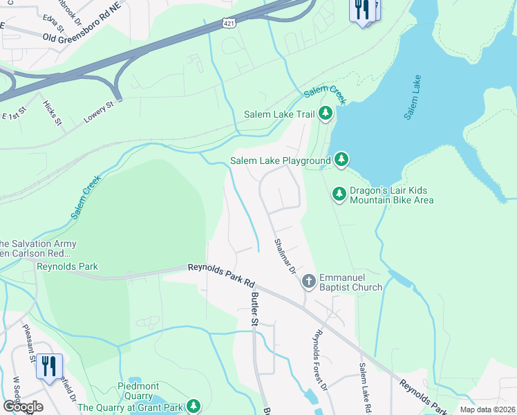 map of restaurants, bars, coffee shops, grocery stores, and more near 968 Shalimar Drive in Winston-Salem