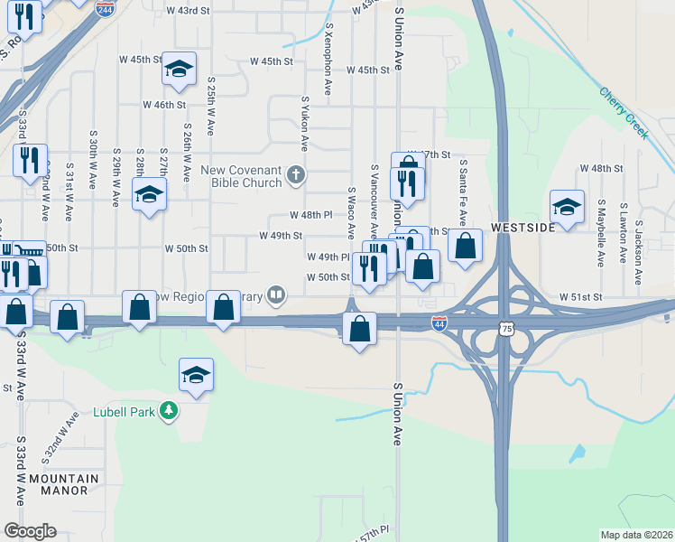 map of restaurants, bars, coffee shops, grocery stores, and more near 1923 West 49th Place in Tulsa