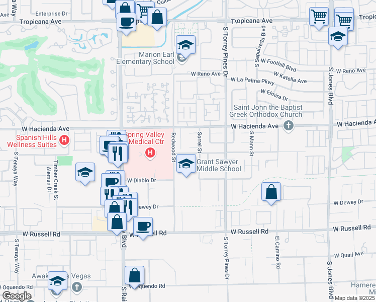 map of restaurants, bars, coffee shops, grocery stores, and more near 6649 Star View Court in Las Vegas