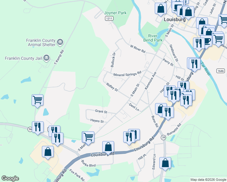 map of restaurants, bars, coffee shops, grocery stores, and more near 425 Ridley Street in Louisburg