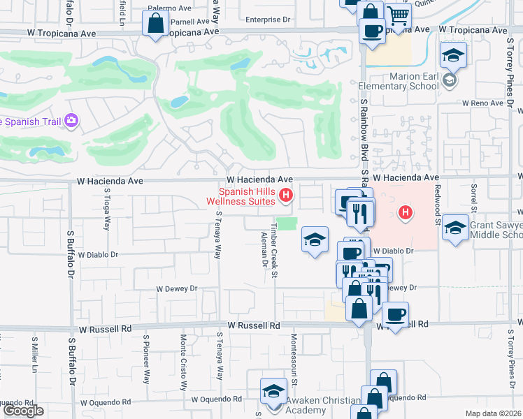 map of restaurants, bars, coffee shops, grocery stores, and more near 5347 Boschetto Street in Las Vegas